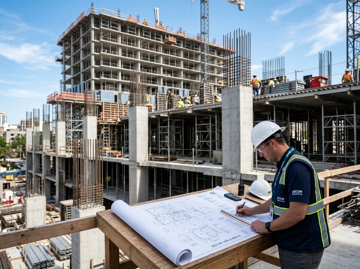 Modern architectural construction site with engineers reviewing blueprints by AV Construction & Builders