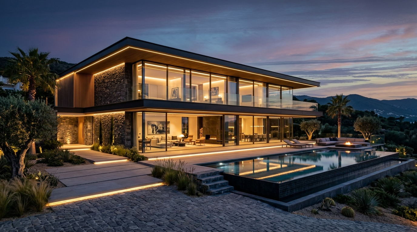 Completed luxury modern architectural mansion villa by AV Construction and Builders