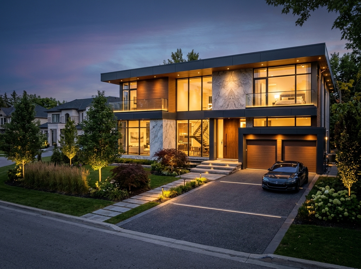 Completed luxury contemporary residence at dusk with ambient lighting by AV Construction & Builders